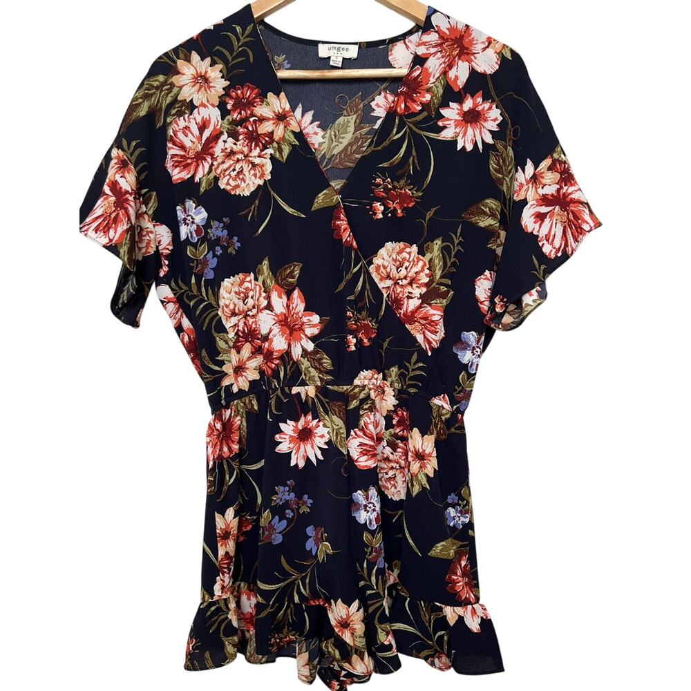 Umgee Women’s Sz S Romper Navy Floral Ruffle Romantic Feminine Boho One Piece